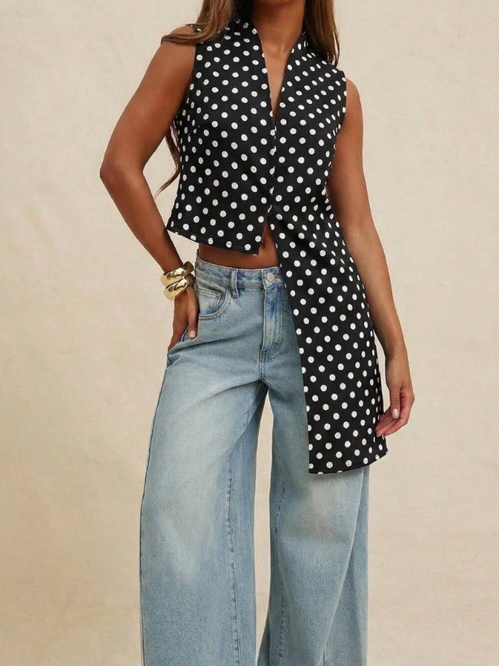 Black Casual Women's Sleeveless Asymmetrical Polka Dot Top